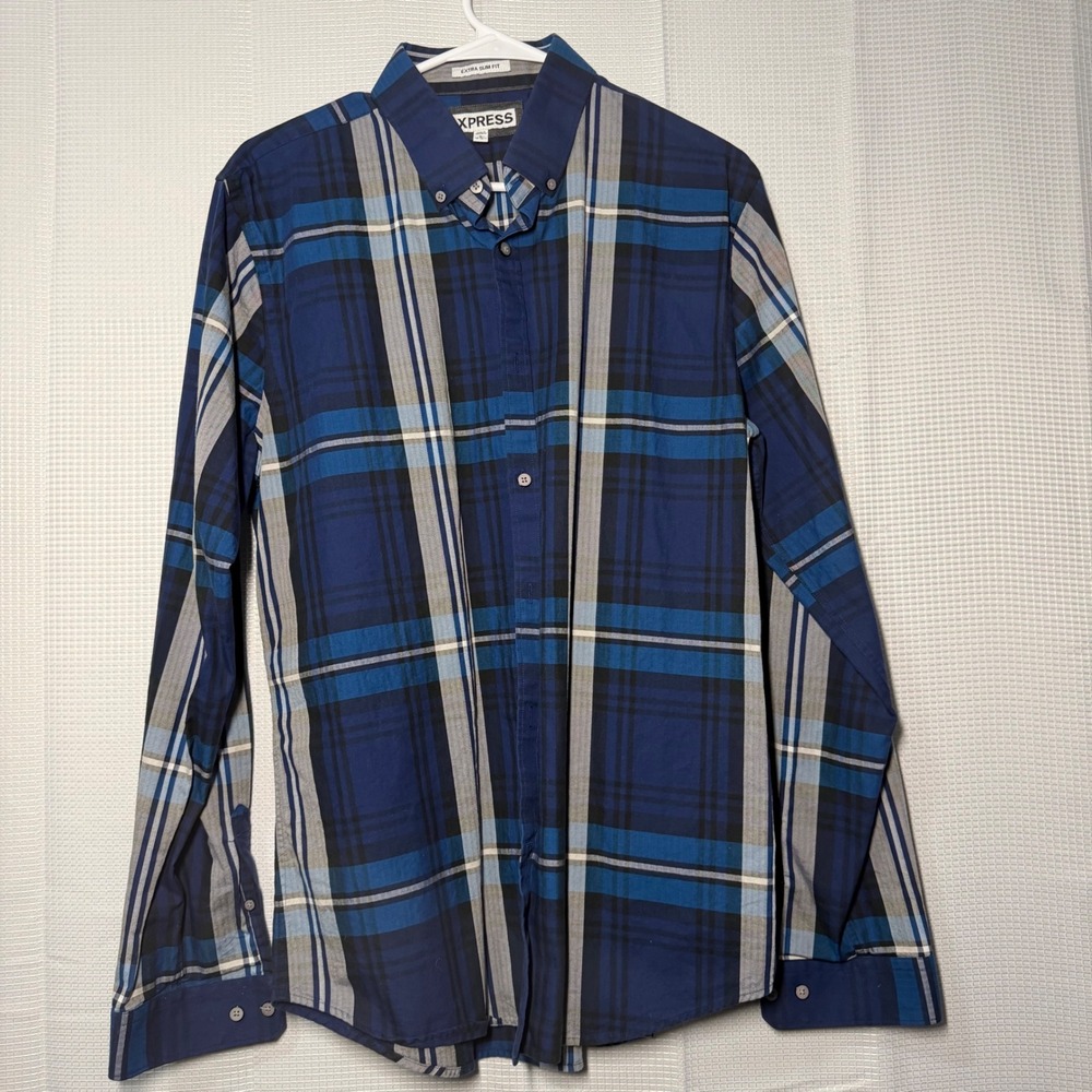 Express‎ Button Down Shirt Large Blue Plaid Extra Slim Fit